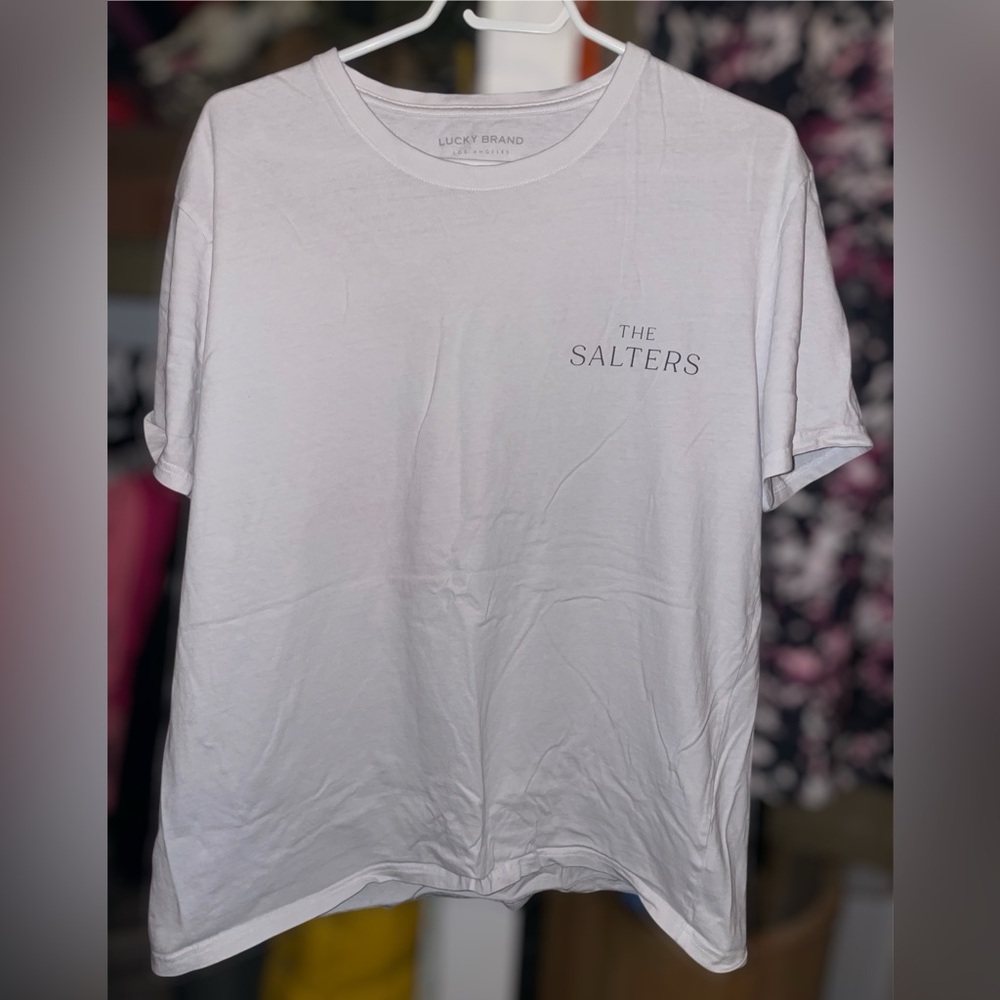 Rare - Lucky Brand White T  “The Salters” palm tree graphic on back size L
